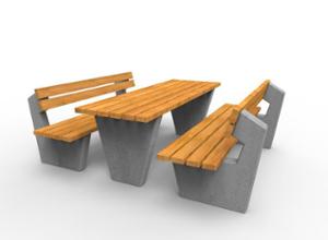 mała architektura, beton, beton architektoniczy, komplet piknikowy, ławka, siedzisko z drewna, stół