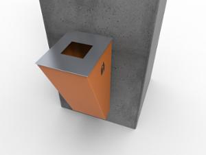 street furniture, attached to wall, litter bin, logo, safety ashtray