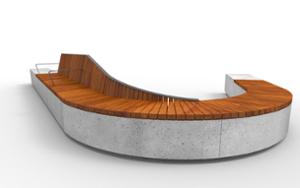 street furniture, concrete, smooth concrete, bench, seating, modular, wood backrest, armrest, curved, wood seating