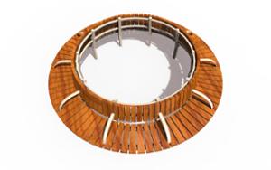 street furniture, seating, logo, wood backrest, curved, wood seating