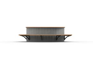 street furniture, concrete, smooth concrete, planter, attached to wall, wood, bench, seating, curved, wood seating, steel