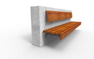street furniture, seating, concrete, attached to wall, wood backrest, wood seating