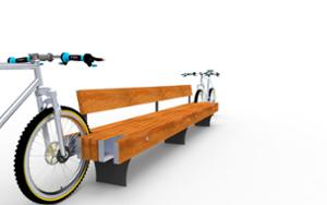 street furniture, seating, for wheel, wood backrest, bicycle stand, wood seating