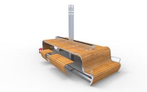 street furniture, 230v and/or usb socket, other, bench, seating, wood seating, wifi station, table