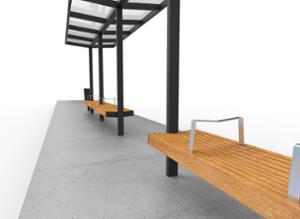 street furniture, other, bench, armrest, wood seating, canopy, bus stop canopy