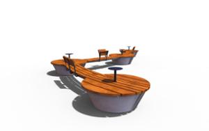 street furniture, concrete, smooth concrete, double-sided , bench, seating, modular, wood backrest, curved, wood seating, small table