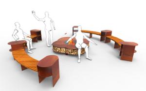 street furniture, price per metre, length measured on longer side, bench, curved, wood seating, table, small table