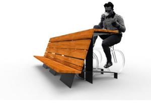street furniture, easy installation, bench, seating, for wheel, wood backrest, bicycle stand, wood seating, table, cyclist table, multiple stands, high backrest