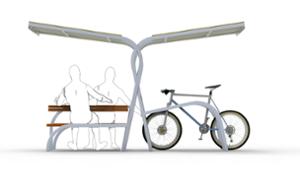 street furniture, picnic set, bench, seating, modular, bicycle stand, cycle rack, wood seating, bicycle station, table, canopy, bicycle canopy, multiple stands