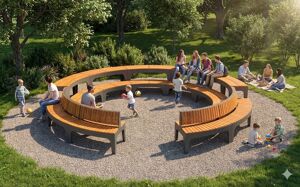 street furniture, bench, price per metre, length measured on longer side, double-sided , curved, trybuna