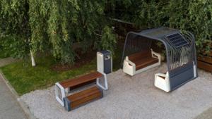 street furniture, concrete, smooth concrete, fotowoltaika, other, picnic set, induction/qi charger, seating, wood backrest, pergola, lighting, wood seating, wifi station, trelly