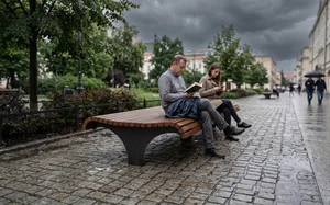street furniture, bench, double-sided , armrest, wood seating, vintage