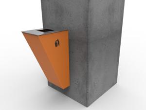 street furniture, attached to wall, litter bin, logo, safety ashtray