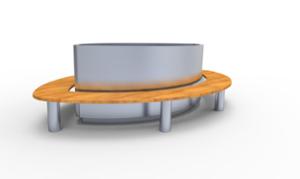 street furniture, planter, wood, bench, seating, steel backrest, curved, wood seating, steel