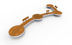 street furniture, bench, seating, concrete, smooth concrete, double-sided , modular, wood backrest, curved, wood seating