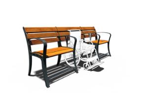 street furniture, for elderly people, seating, accessible for disabled, wood backrest, wood seating, table, small table