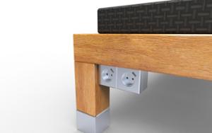 mała architektura, ława, dwustronna, gniazdo 230v i/lub usb, siedzisko tapicerowane, siedzisko z drewna