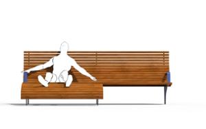 mała architektura, ławka, oparcie z drewna, podnóżek, siedzisko z drewna, stylizowane, wysokie oparcie