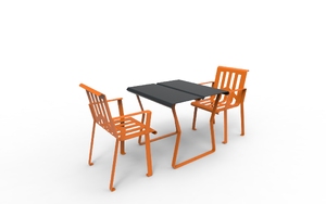 mała architektura, fotel / krzesło, jednoosobowe, komplet piknikowy, ławka, obrotowa szachownica, oparcie ze stali, siedzisko ze stali, stół, szachy