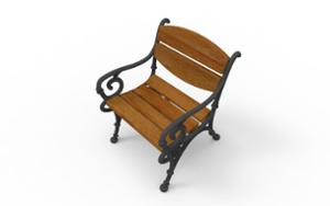 [translation-not-found:street-furniture], ławka, fotel / krzesło, jednoosobowe, oparcie z drewna, podłokietnik, siedzisko z drewna, stylizowane