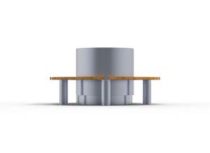 [translation-not-found:street-furniture], donica, ława, ławka, cena za metr bieżacy, długość mierzona po dłuższym boku, drewno, logo, oparcie ze stali, po łuku / okrągła, siedzisko z drewna, stal