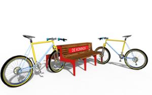 [translation-not-found:street-furniture], ławka, parking rowerowy, dwustronna, logo, na koło, oparcie z drewna, siedzisko z drewna, wielostanowiskowy