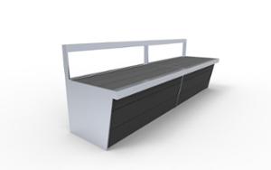 [translation-not-found:street-furniture], ławka, logo, oparcie ze stali, siedzisko z drewna, siedzisko z konglomeratu