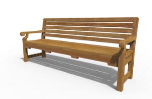 [translation-not-found:street-furniture], ławka, drewno, oparcie z drewna, podłokietnik, siedzisko z drewna, stylizowane