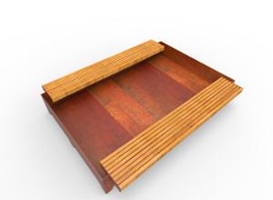 [translation-not-found:street-furniture], donica, ława, corten, dwustronna, logo, mobilna (do przestawiania paleciakiem), siedzisko z drewna, stal