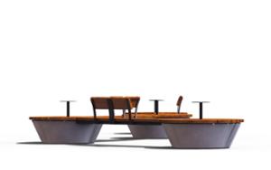 [translation-not-found:street-furniture], ława, ławka, beton, beton architektoniczny, dwustronna, modułowe, oparcie z drewna, po łuku / okrągła, siedzisko z drewna, stolik