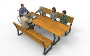 [translation-not-found:street-furniture], autre, ławka, aluminium, komplet piknikowy, meble dla warszawy, niepełnosprawni, odlew aluminiowy, oparcie z drewna, siedzisko z drewna, stół, szachy