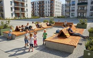[translation-not-found:street-furniture], ława, ławka, beton, beton architektoniczny, dwustronna, leżanka, modułowe, oparcie z drewna, siedzisko z drewna, stolik