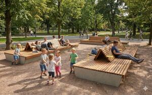 [translation-not-found:street-furniture], ława, ławka, beton, beton architektoniczny, dwustronna, leżanka, modułowe, oparcie z drewna, siedzisko z drewna, stolik