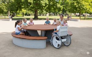 [translation-not-found:street-furniture], autre, ława, komplet piknikowy, po łuku / okrągła, stół