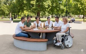 [translation-not-found:street-furniture], autre, ława, komplet piknikowy, po łuku / okrągła, stół