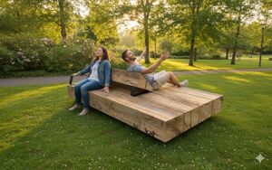 [translation-not-found:street-furniture], ławka, dwustronna, kłoda, leżanka, oparcie z drewna, siedzisko z drewna