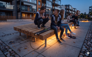 [translation-not-found:street-furniture], ława, dwustronna, fotowoltaika, gniazdo 230v i/lub usb, kłoda, ładowarka qi/indukcyjna, solarna listwa smartbeam