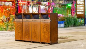 [translation-not-found:street-furniture], kosz, corten, daszek, logo, segregacja pełna, wrzut z boku