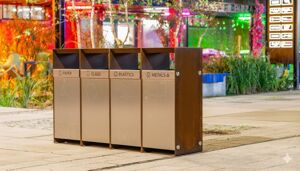 [translation-not-found:street-furniture], kosz, corten, daszek, logo, segregacja pełna, wrzut z boku