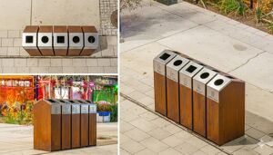 [translation-not-found:street-furniture], kosz, corten, daszek, logo, segregacja pełna, wrzut z boku