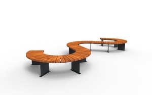street furniture, planter, wood, double-sided, bench, seating, steel backrest, curved, wood seating, steel