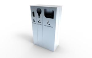 mažoji arhitektūra, šiukšliadėžė, elektroodpady, logo, pilna segregacija, šoninė diafragma