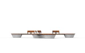 street furniture, concrete, smooth concrete, double-sided, bench, seating, modular, wood backrest, curved, wood seating, small table