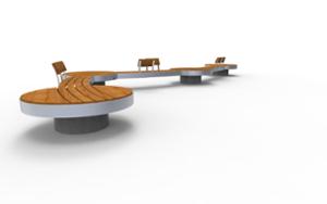 street furniture, concrete, smooth concrete, double-sided, bench, seating, modular, wood backrest, curved, wood seating