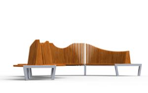 street furniture, price per metre, length measured on longer side, double-sided, seating, modular, wood backrest, curved, wood seating, high backrest