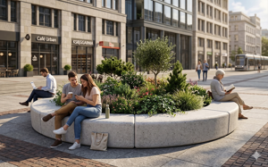 mažoji arhitektūra, suoliukas, betonas, lygus betonas, išlenktas, concrete seating