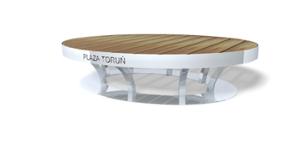 street furniture, double-sided, bench, logo, curved, wood seating