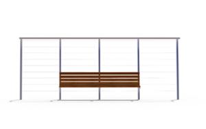 straatmeubilair, zitbanken, houten rugleuning, pergola, houten zitting, hek