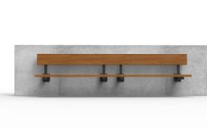 straatmeubilair, zitbanken, beton, glad beton, bevestigd aan de muur, houten rugleuning, houten zitting