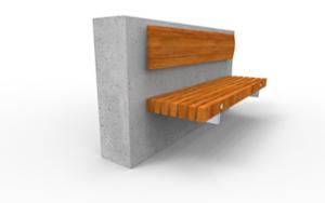 straatmeubilair, zitbanken, beton, glad beton, verticale planken, bevestigd aan de muur, houten rugleuning, houten zitting